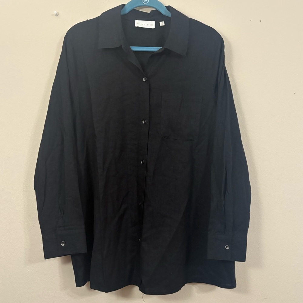 NWT Sunny Leigh 1X button down shirt Linen Blend long sleeve tunic black cl